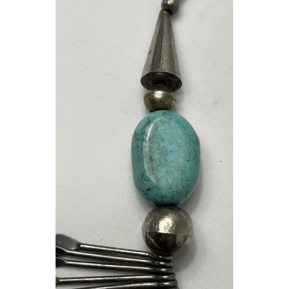 Vintage Fringe Statement Necklace Faux Turquoise Silver Tone 21.5" Boho Beaded - Picture 3 of 9